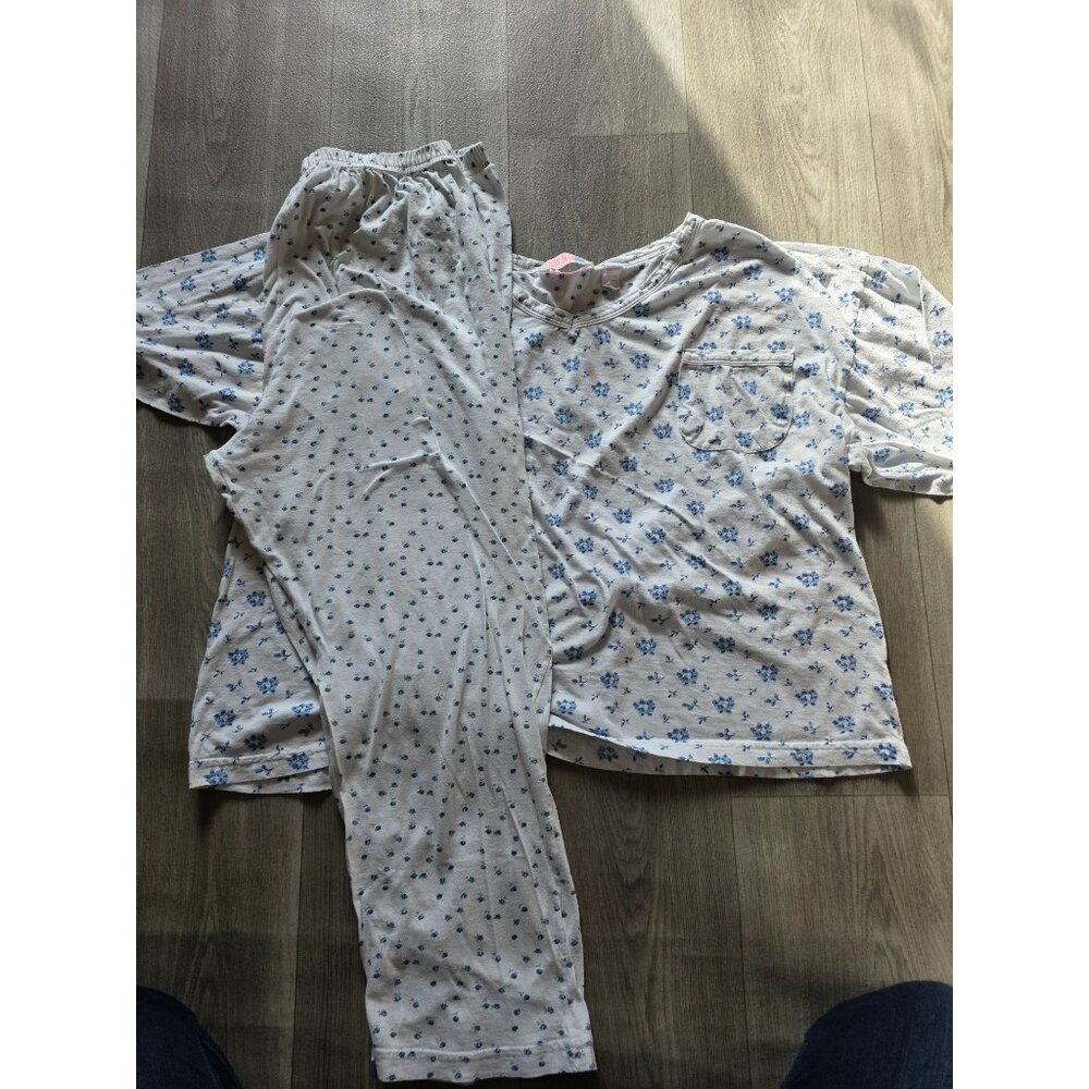 VTG Body Image Plus 2X Floral Pajama Set White & Blue 100% Cotton Made In Turkey